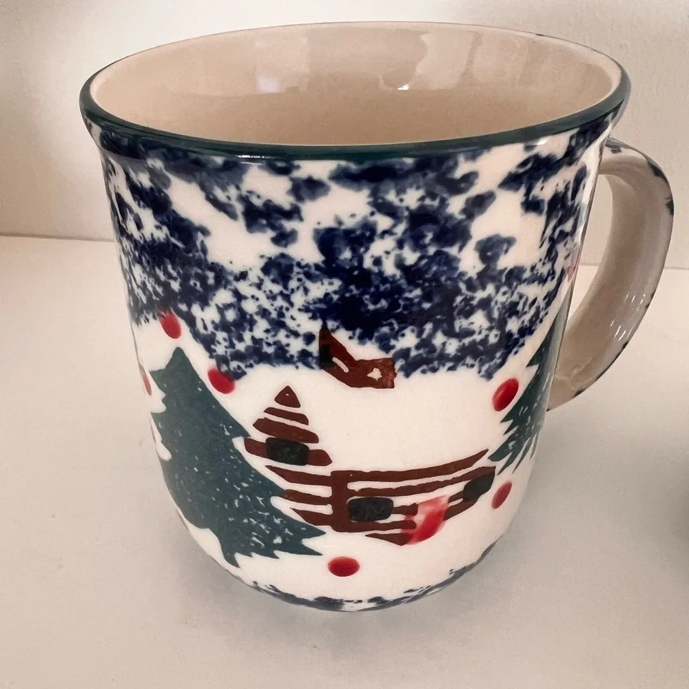 Folk Craft Cabin in the Snow Blue Spongware Christmas Mug by Tienshan Set Of 2